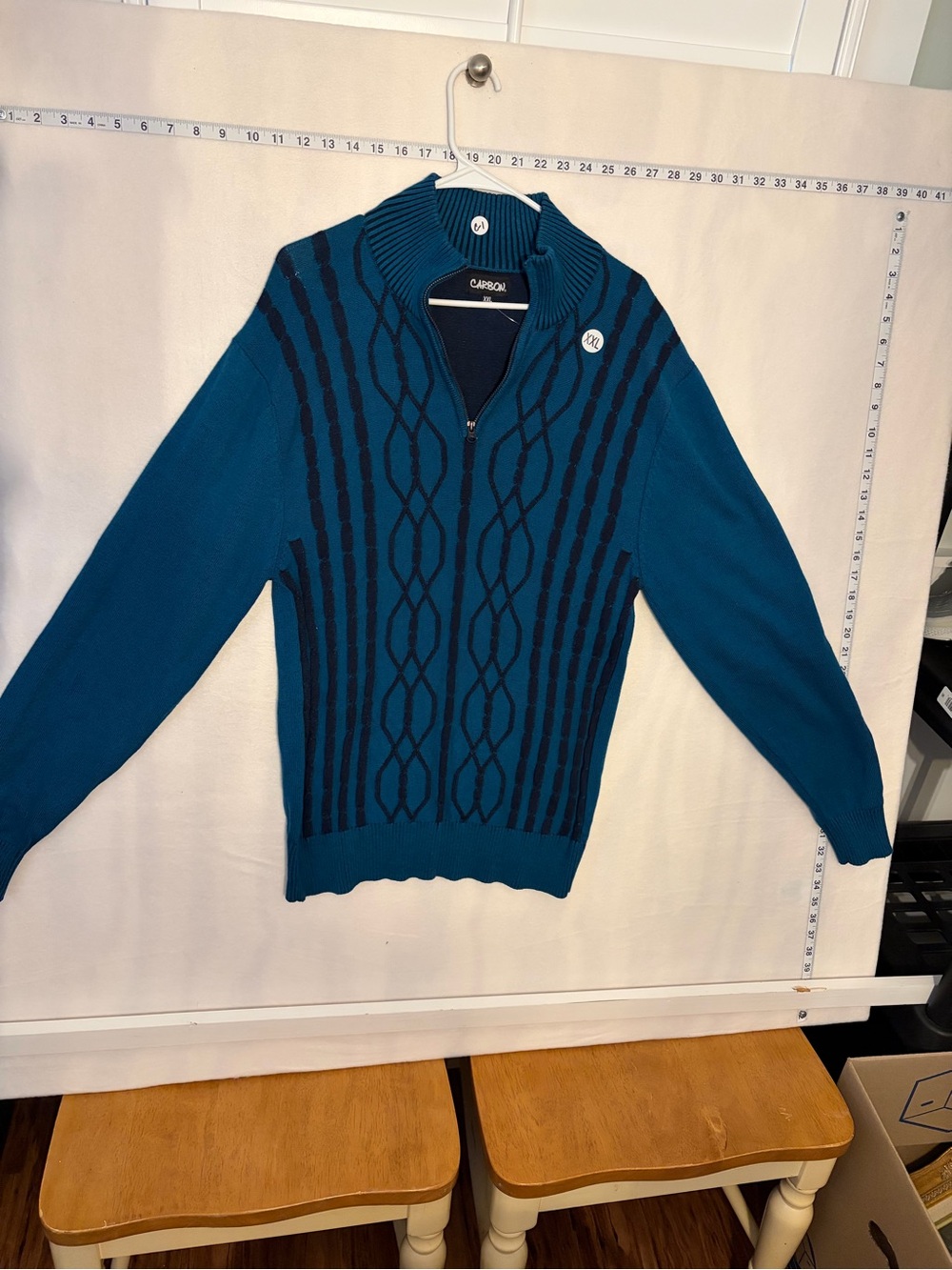 Carbon Teal Zip-Up Cable Knit Sweater with Navy Accents